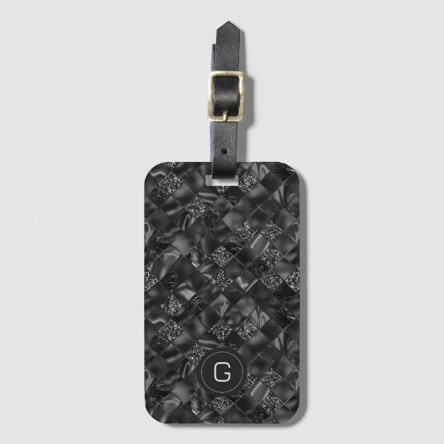 Modernes Mit Monogramm Schwarzes Imitat Glitzer Pa Gepäckanhänger (Vorderseite Vertikal)