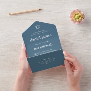 Modernes Mitzvah Dusty Blue ALL IN ONE INVITATION Einladung