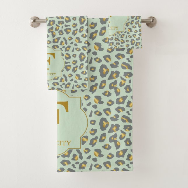 Modernes, modernes Mini Gold Leopard Muster Monogr Badhandtuch Set (Insitu)