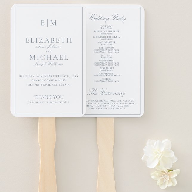 Modernes Mongram Dusty Blue Script Wedding Program Fächer (Wedding Program Hand Fan)