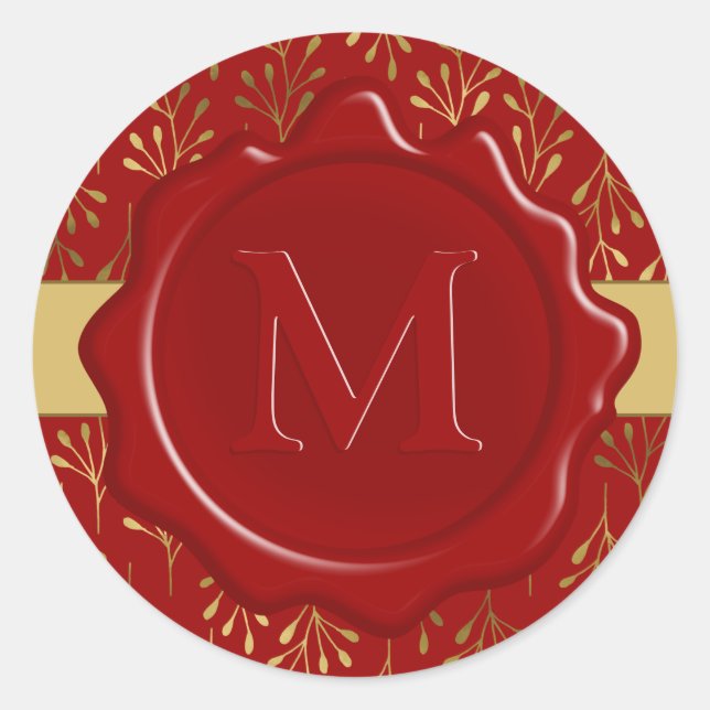 Modernes Mongram Red Wax Siegel Gold Leaf Muster Runder Aufkleber (Vorderseite)