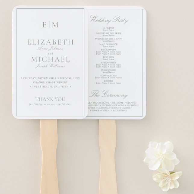 Modernes Mongram Sage Green Script Hochzeitsprogra Fächer (Wedding Program Hand Fan)