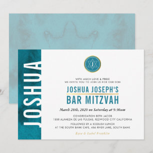 MODERNES MONOGRAM BAR MITZVAH Bar aquamarines Blau Einladung