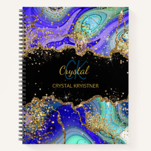 Modernes Monogram Blue Green Agate Glitzer Noteboo Notizbuch