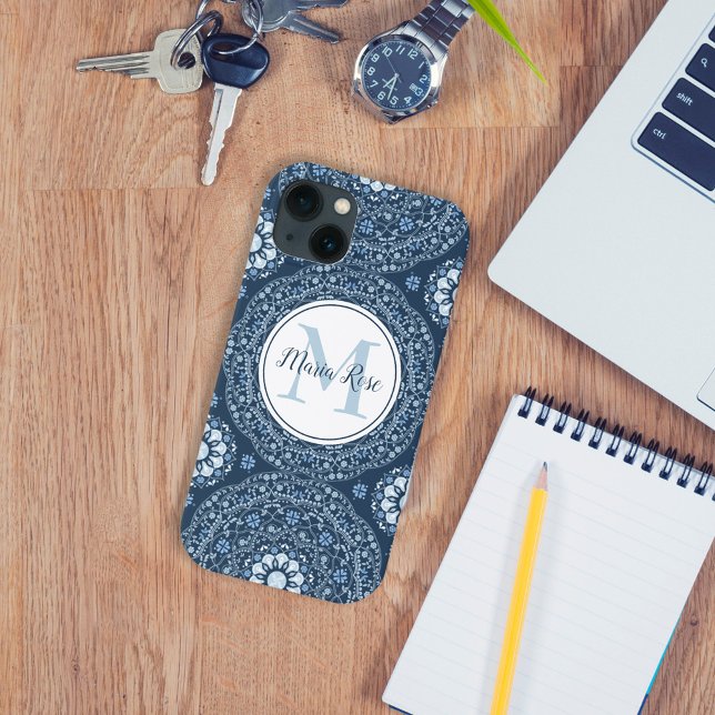 Modernes Monogram Blue Simple Mandala Custom Case-Mate iPhone Hülle (Von Creator hochgeladen)