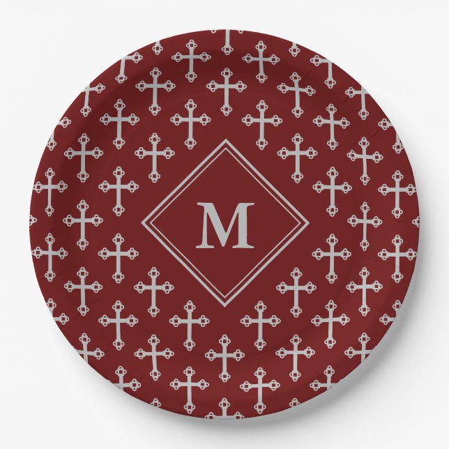Modernes Monogram Cross Burgundy Silver Pappteller (Vorderseite)