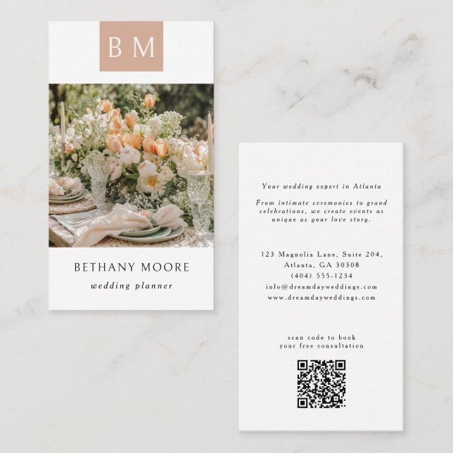 Modernes Monogram Elegant Wedding Planner Foto Visitenkarte (Vorne/Hinten)