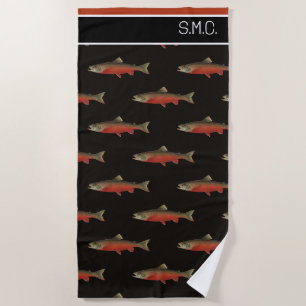 Modernes Monogram Fisch Lachs Design Schwarz-weiß Strandtuch