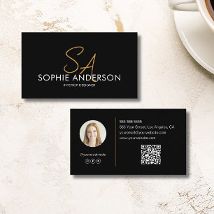 Modernes Monogram Foto QR Black Gold Beruflich Visitenkarte