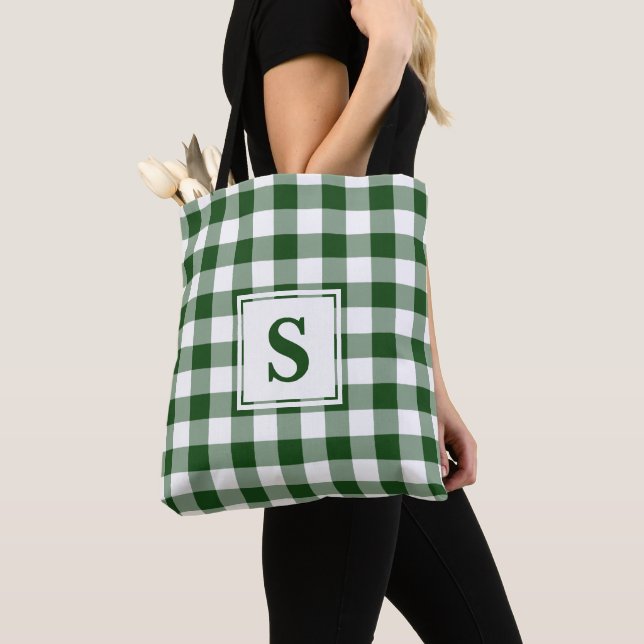 Modernes Monogram Green und White Gingham Pattern Tasche (Von Nahem)