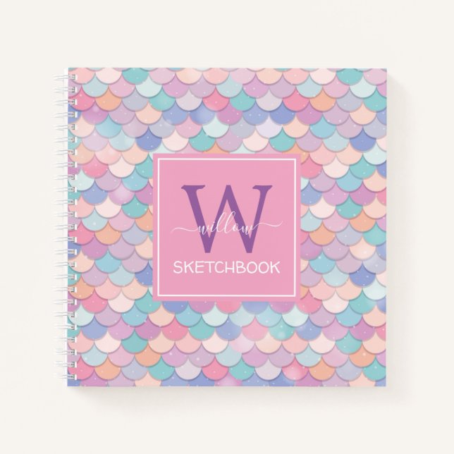Modernes Monogram Hübsches Mermaid Pink Sketchbook Notizbuch (Vorderseite)