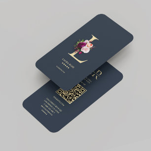 Modernes Monogram L Floral Dark Blue Gold Visitenkarte
