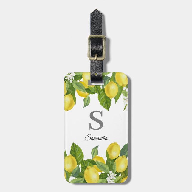 Modernes Monogram Lemon Citrus Gepäckchen Gepäckanhänger (Vorderseite vertikal)