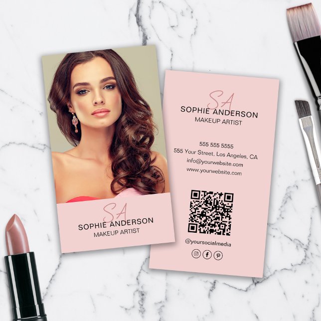 Modernes Monogram Makeup Artist Foto Pink Visitenkarte (Modern Monogram Makeup Artist Photo Pink Business Card)