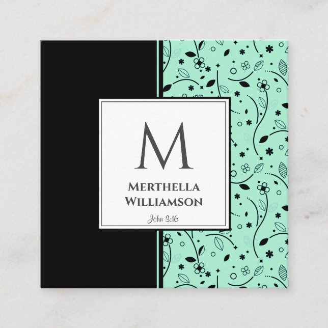 Modernes MONOGRAM Neo Minze Schwarze Flora Quadratische Visitenkarte (Vorderseite)