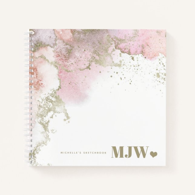 Modernes Monogram Pink & Gold Abstraktes Sketchboo Notizbuch (Vorderseite)