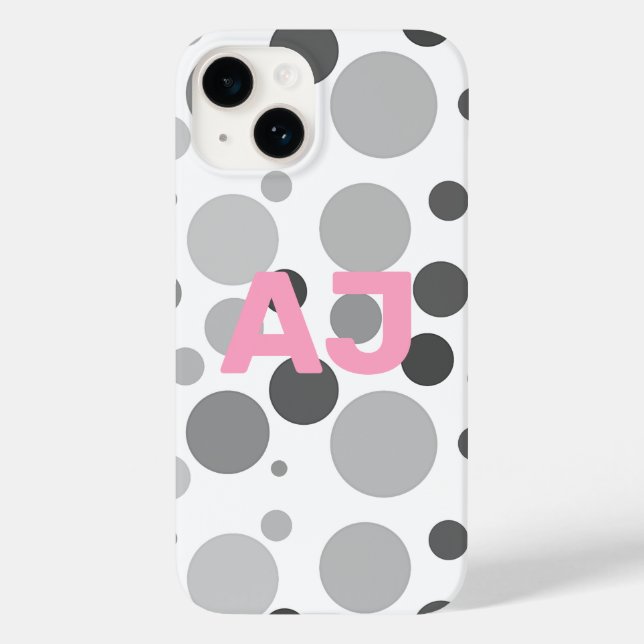Modernes Monogram Polka Dot Grau Pink Case-Mate iPhone 14 Hülle (Rückseite)