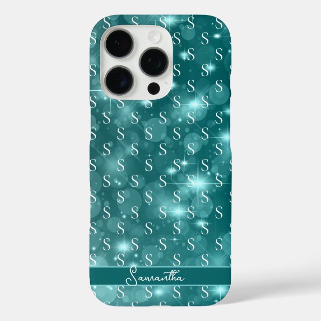 Modernes Monogram Sparkle Ocean Blue iPhone 16 Pro Hülle (Rückseite)