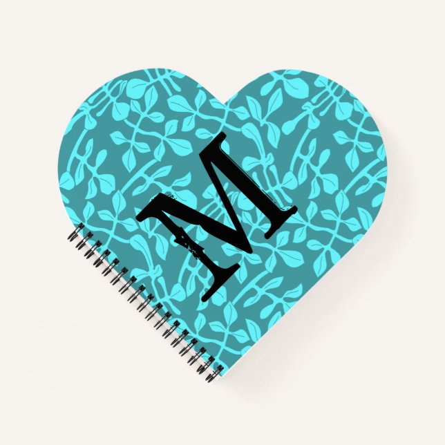 Modernes Monogramm auf stilisierten Aqua-Blätter Notizbuch (Vorderseite)