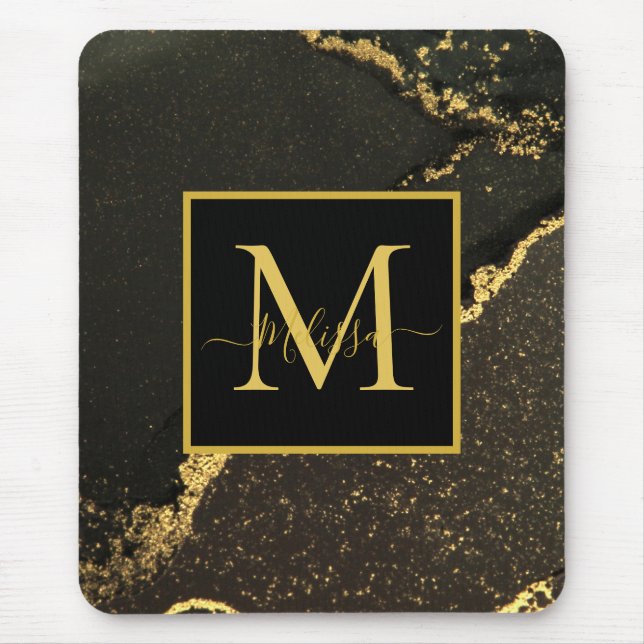 Modernes Monogramm aus Gold und schwarzem Marmor Mousepad (Vorne)