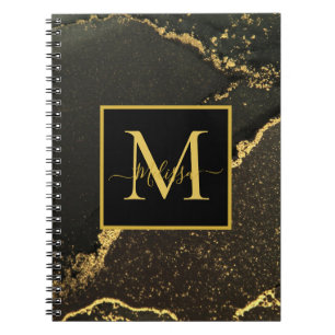 Modernes Monogramm aus Gold und schwarzem Marmor Notizblock