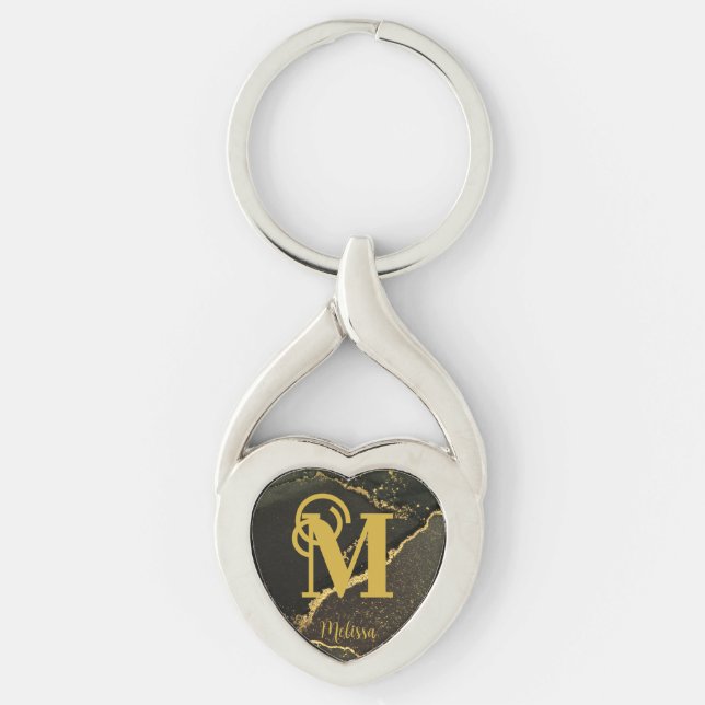 Modernes Monogramm aus Schwarz und Gold Schlüsselanhänger (Vorderseite)