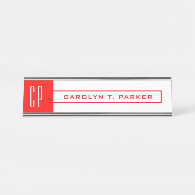 Modernes Monogramm Beruflicher Schlichter Name Rot Schreibtischnamensplakette (Vorderseite )