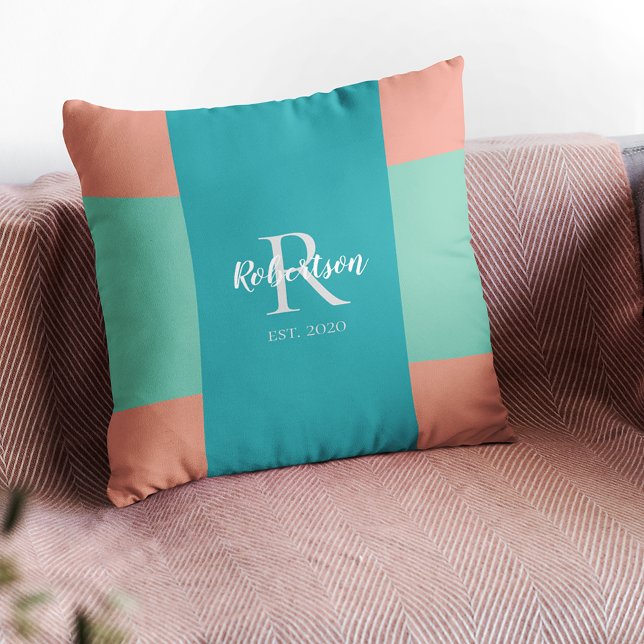 Modernes Monogramm der Aquamarinen, blauen und kor Kissen (Von Creator hochgeladen)