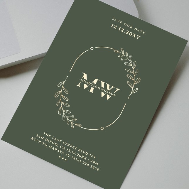 Modernes Monogramm Elegant Hochzeit dunkelgrünes G Einladung (Modern Monogram Elegant Wedding Dark Green Gold Invitation
)