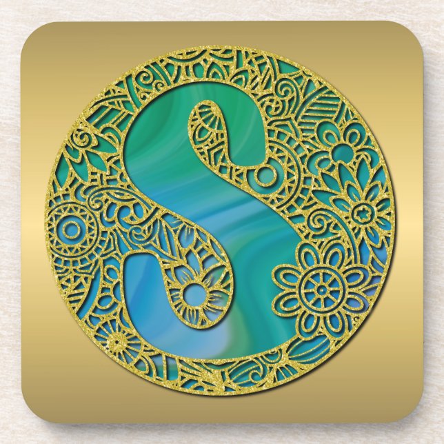 Modernes Monogramm Erstgoldbrief und Türkis Getränkeuntersetzer (Vorderseite)