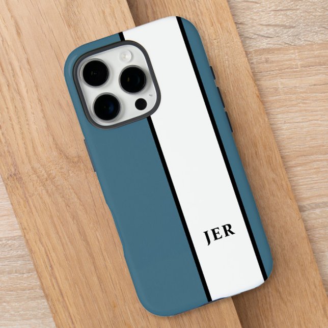 Modernes Monogramm | Fall Blue Stripe iPhone 16 Pro Hülle (Modern Minimalist Stripes Monogram Initials Blue Case-Mate iPhone Case)