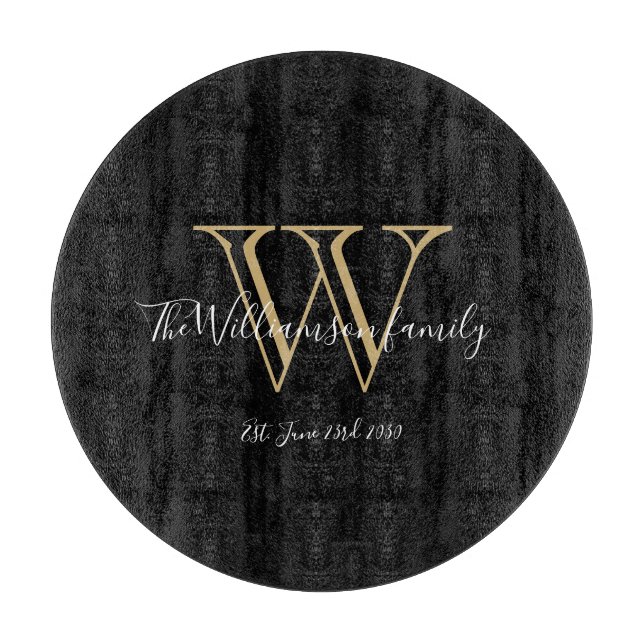 Modernes Monogramm Familienname Rustikal Black Schneidebrett (Vorderseite)