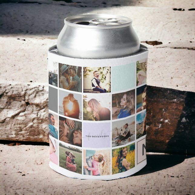 Modernes Monogramm für Ihr 16-Foto-Kollektionsgitt Dosenkühler (Modern monogram your family 16 photo collage grid can cooler)