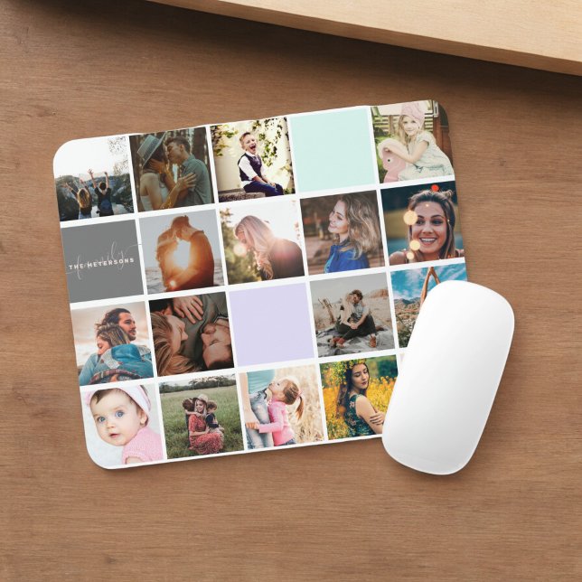 Modernes Monogramm für Ihr 16-Foto-Kollektionsgitt Mousepad (Modern monogram your family 16 photo collage grid mouse pad)