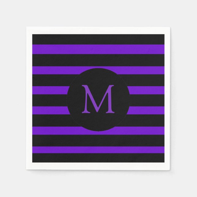 Modernes Monogramm für Lila und schwarze Streifen Serviette (Vorderseite)