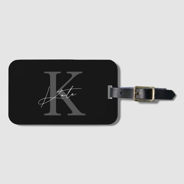 Modernes Monogramm für Schwarz-Weiß-Handschrift Gepäckanhänger (Vorderseite (Horizontal))