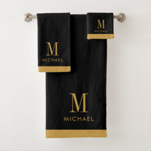 Modernes Monogramm Gold in Schwarz Badhandtuch Set