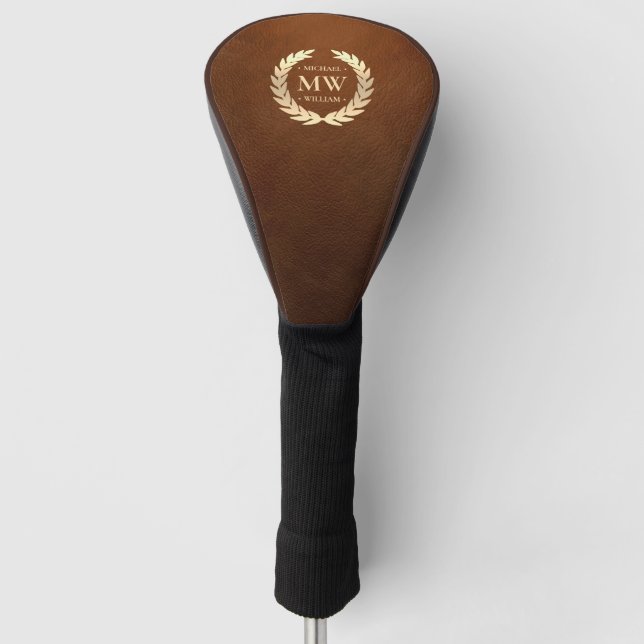 Modernes Monogramm Golfer Name Gold Brown Leather Golf Headcover (Vorderseite)