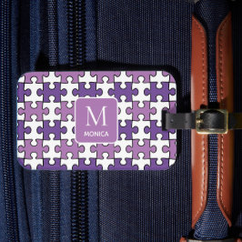 Modernes Monogramm Lila und weißer Puzzleteile Gepäckanhänger