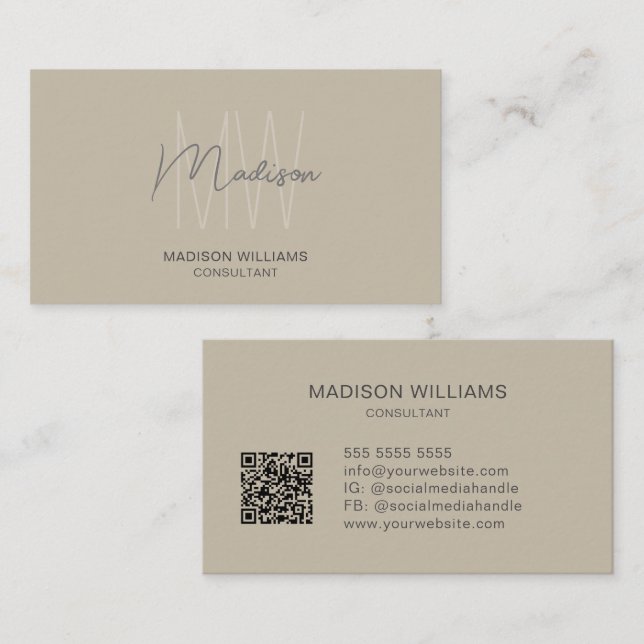 Modernes Monogramm-Logo QR-Code Beige Berater Visitenkarte (Vorne/Hinten)