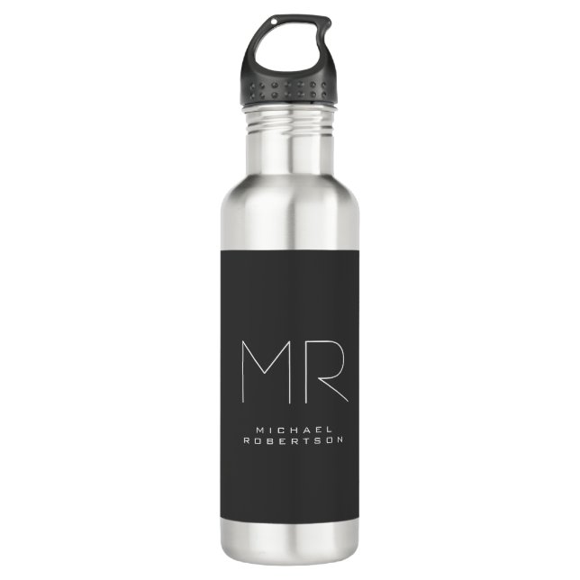Modernes Monogramm Minimalistisch grau Edelstahlflasche (Vorderseite)