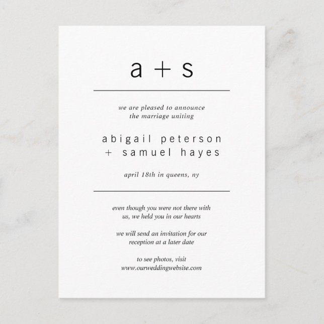 Modernes Monogramm-Minimalistisches Hochzeitstil Ankündigungspostkarte (Vorderseite)