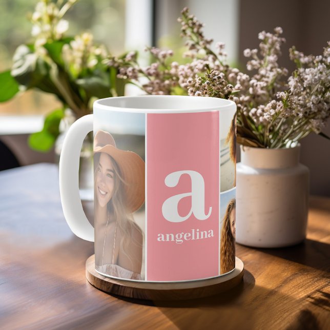 Modernes Monogramm mit 5 Fotomaterial - Korallen Kaffeetasse (Personalized Coffee Mug)