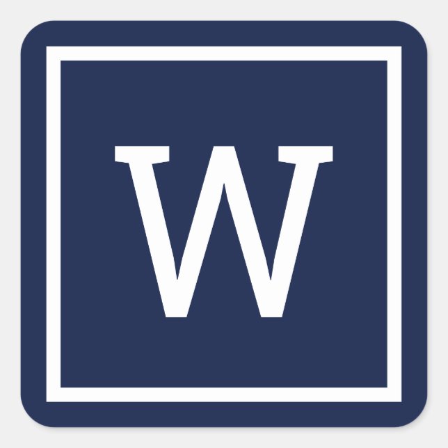 Modernes Monogramm Navy Blue Quadratischer Aufkleber (Vorderseite)