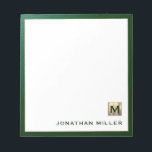 Modernes Monogramm Notizblock<br><div class="desc">Mit diesem mit Monogramm Notizblock mit klassischer Blocktypografie und einer gebürsteten Goldmedaillenmonografie und einer grünen Trimmpartie stärken Sie Ihr Schreibwarenspiel. Das Notizblock enthält Platz für Ihren Namen oder Ihren eigenen Text und ist somit ideal für den persönlichen oder beruflichen Gebrauch. Verwenden Sie es, um Noten, Ideen und Erinnerungen im Stil...</div>