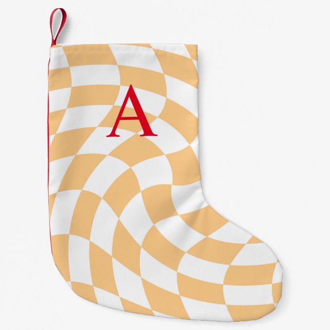 Modernes Monogramm Peach Checked Kleiner Weihnachtsstrumpf (Vorderseite)