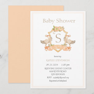 Modernes Monogramm Peach Wappen Storys Baby Einladung