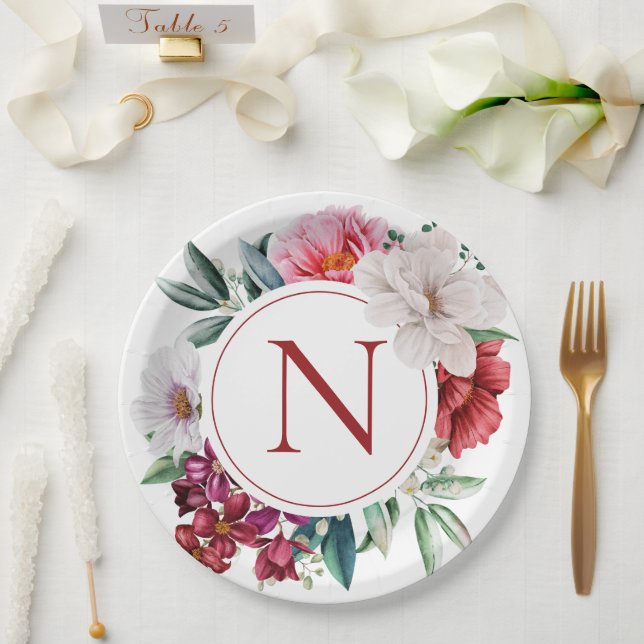Modernes Monogramm Personalisiert floral Pappteller (Hochzeit)