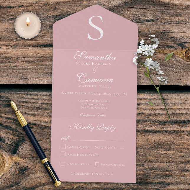 Modernes Monogramm Rosa Abendessen All In One Einladung (Von Creator hochgeladen)