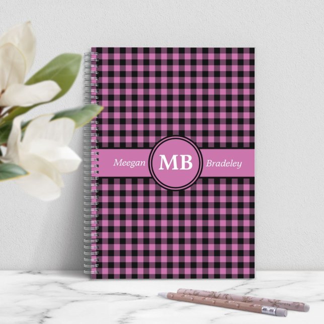 Modernes Monogramm rosa Kariertes Muster Notizblock (Modern Monogram Pink Plaid Pattern Notebook)